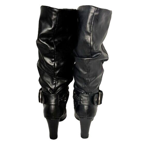 Knee HigWomen's Y2K Slouch Vegan Leather Boots with Buckles Black Size 8M 4" Hee - Picture 3 of 9